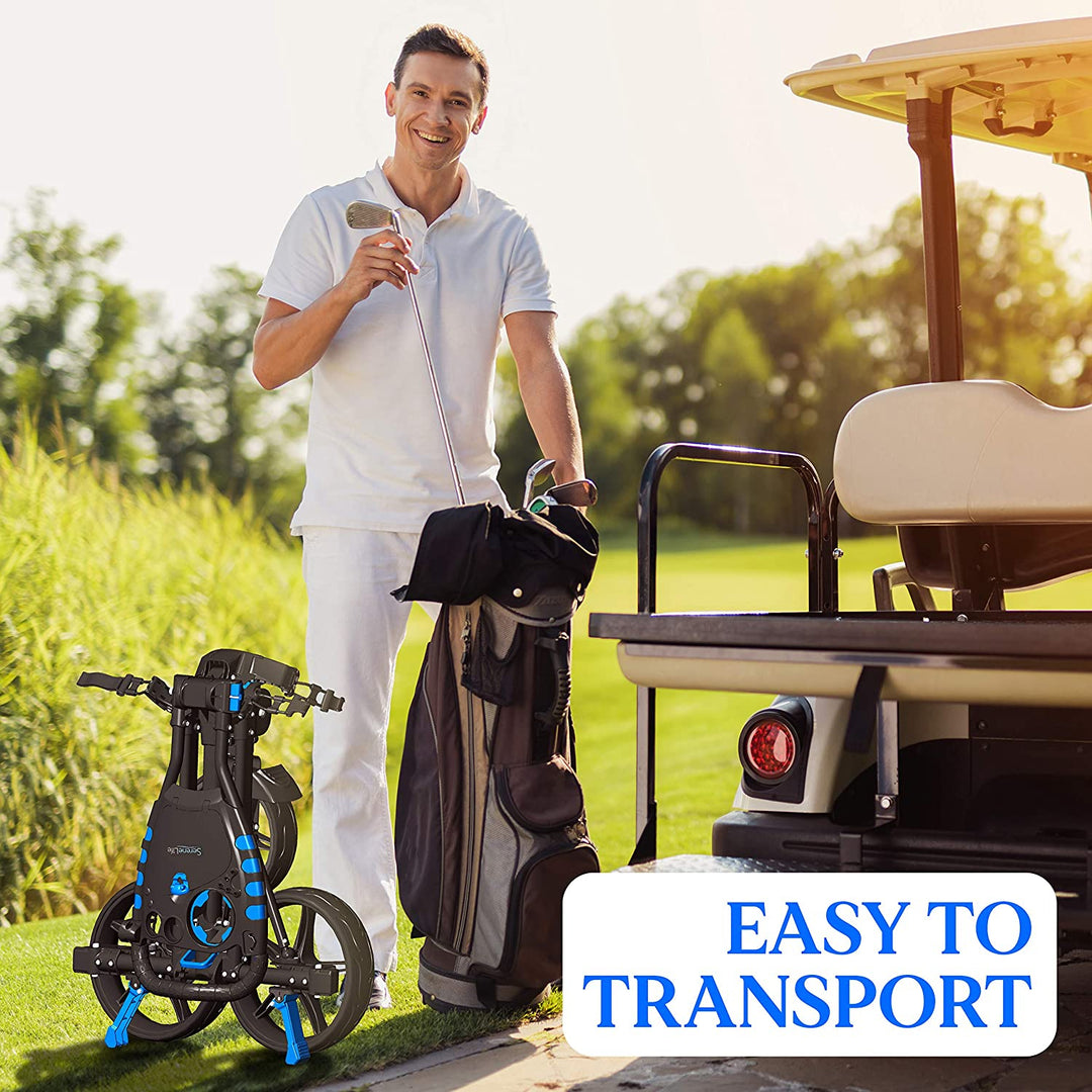 SereneLife 3 Wheel Walking Golf Bag Push Cart Holder w/ Elastic Strap (Open Box)
