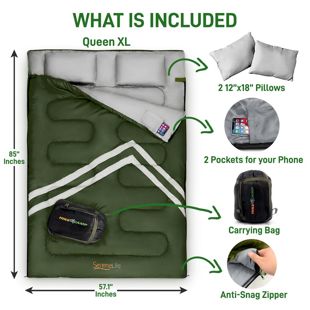 SereneLife 85 x 57.1 Inch Double Sleeping Bag with 2 Pillows, Green (Open Box)