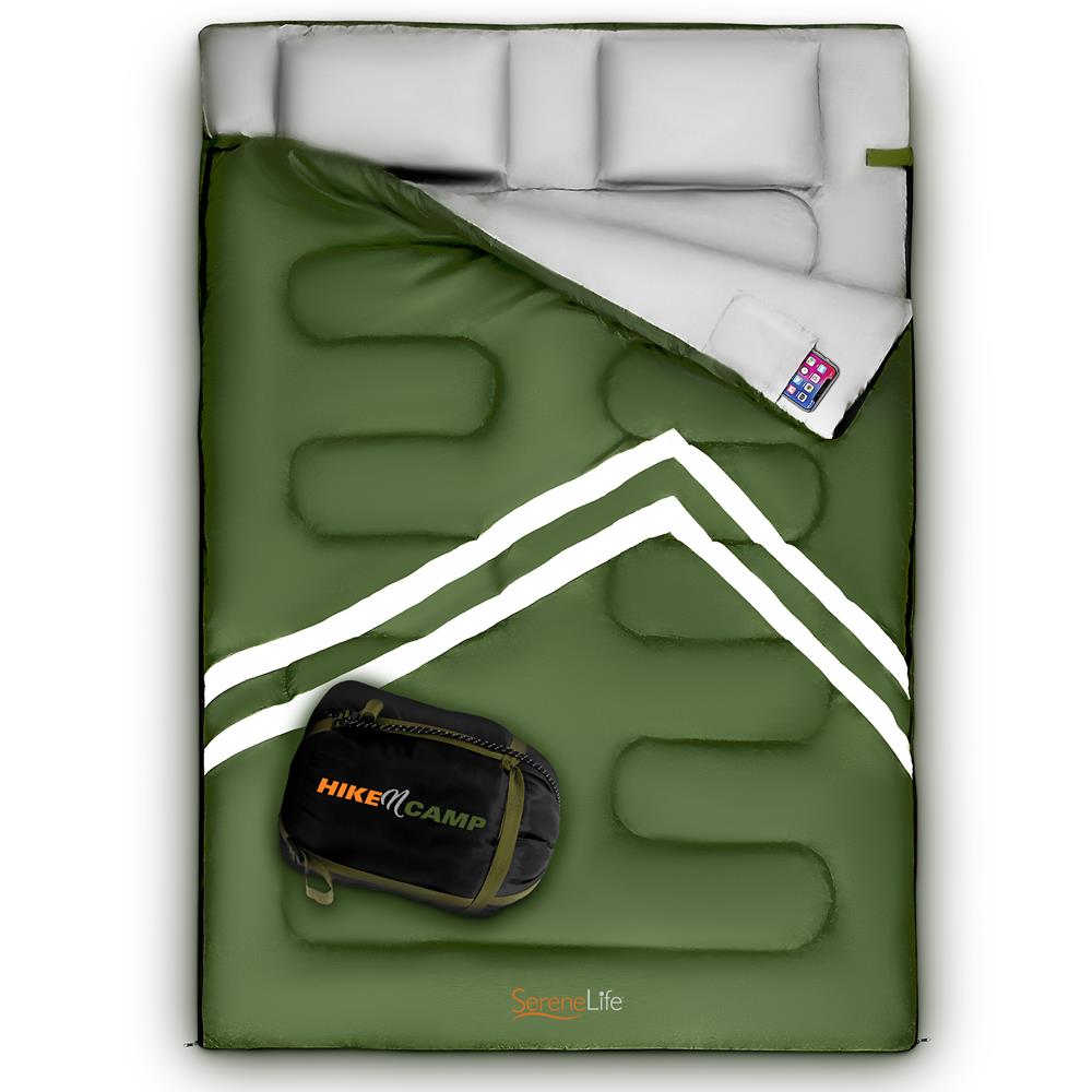 SereneLife 85 x 57.1 Inch Double Sleeping Bag with 2 Pillows, Green (Open Box)