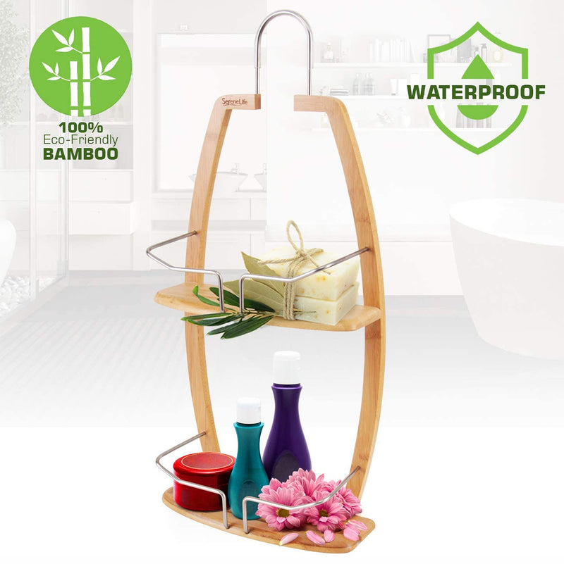SereneLife 2 Tier Natural Bamboo Shelf Shower Caddy Bathroom Organizer (4 Pack)