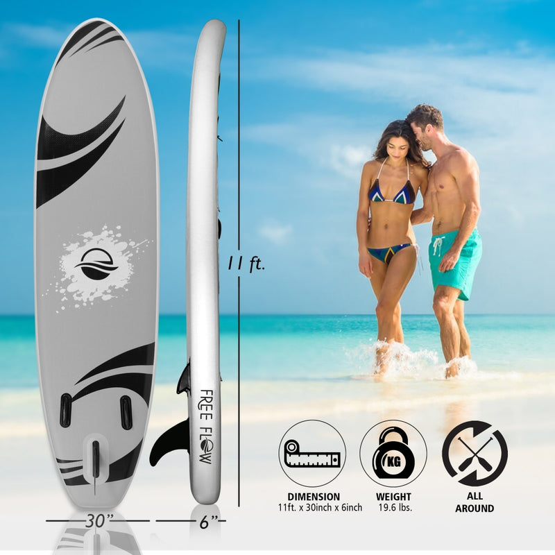 SereneLife 11 Foot Free Flow Inflatable SUP Stand Up Paddle Board Kit, White