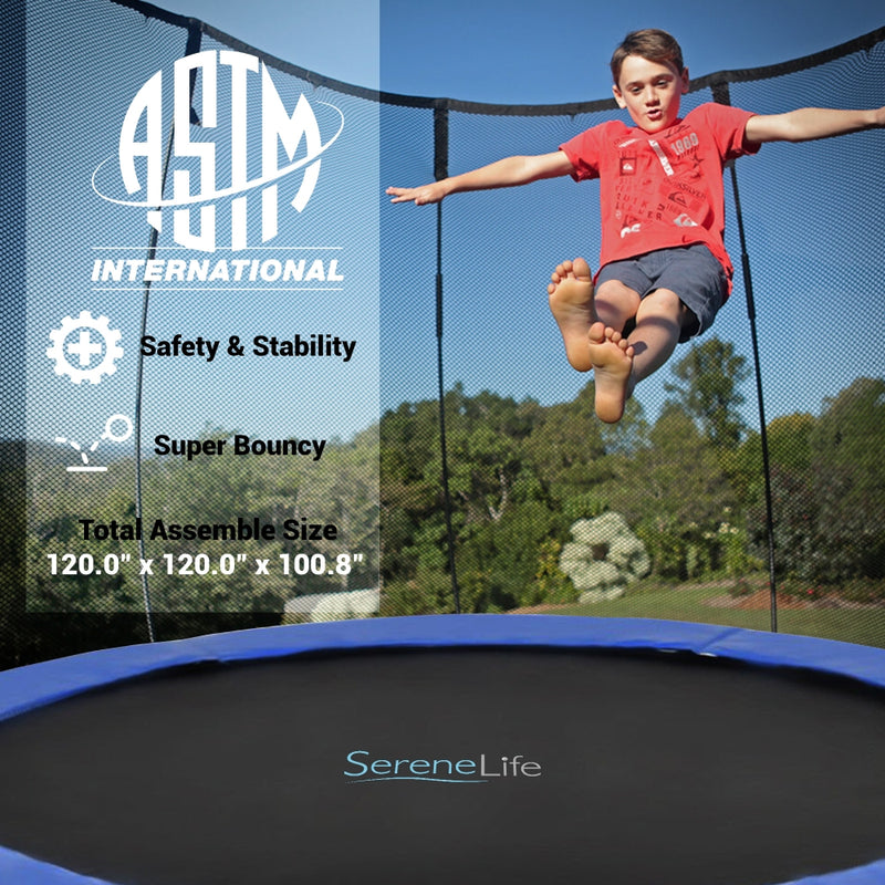 SereneLife 10 Ft Trampoline and Safety Net Enclosure for Kids, Blue (For Parts)