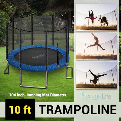 SereneLife 10 Foot Outdoor Trampoline and Safety Net Enclosure, Blue (4 Pack)