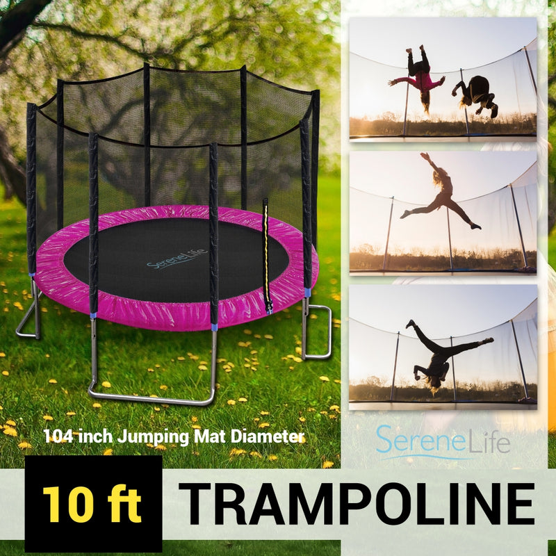 SereneLife 10 Foot Trampoline and Safety Net Enclosure for Kids, Pink (Open Box)