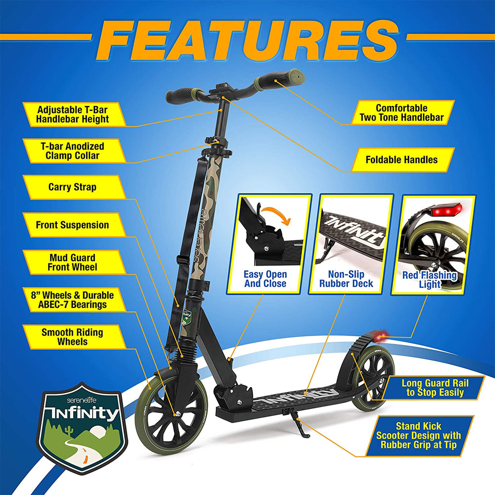 SereneLife SLTS13 Folding Kick Scooter with Large Wheels for Adults & Kids, Camo