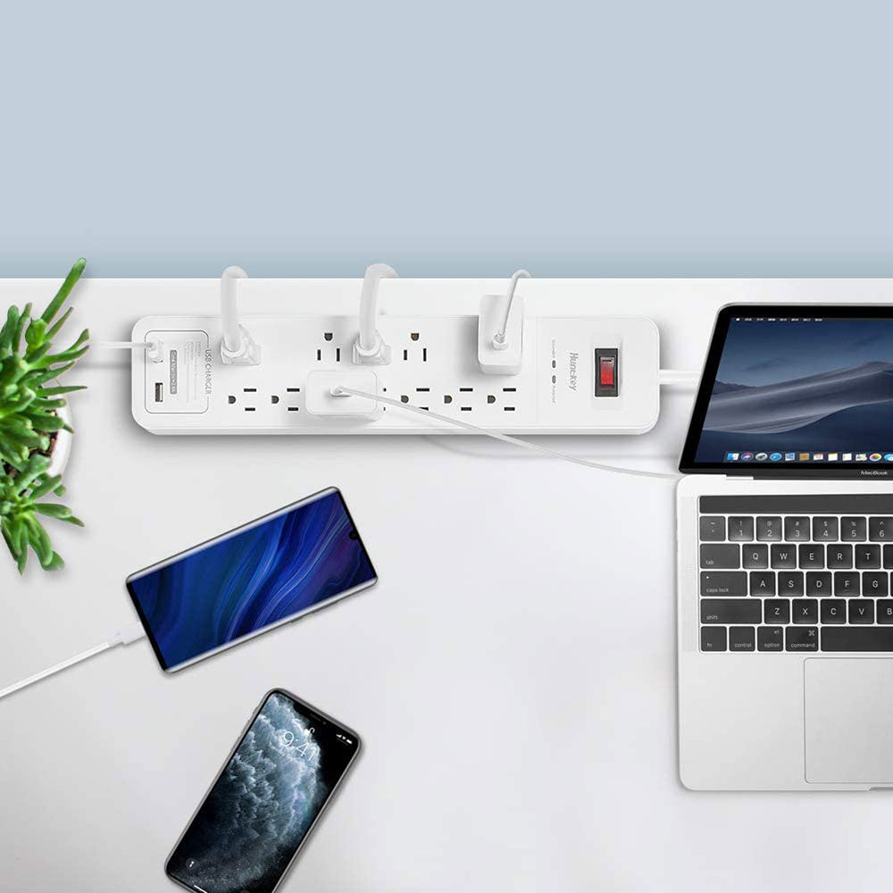 Huntkey Power Strip with 12 AC Sockets and 2 USB Charging Ports, White (3 Pack)