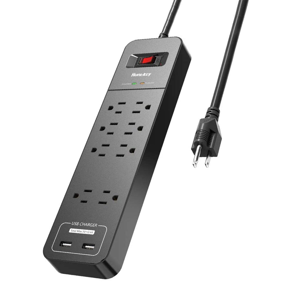 Huntkey SMC807 Power Strip w/ Heavy Duty Cord, 8 Sockets, and 2 USB Ports, Black