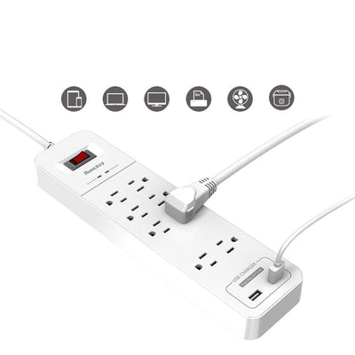 Huntkey Power Strip w/ Heavy Duty Cord, 8 Sockets, & 2 USB Ports, White (3 Pack)