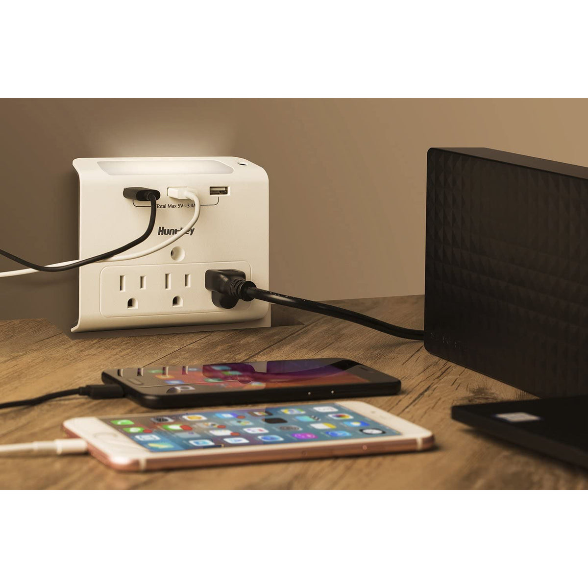 Huntkey SMD307 Wall Mount Outlet with 3 2.1 Amp USB Ports and Nightlight, Gray