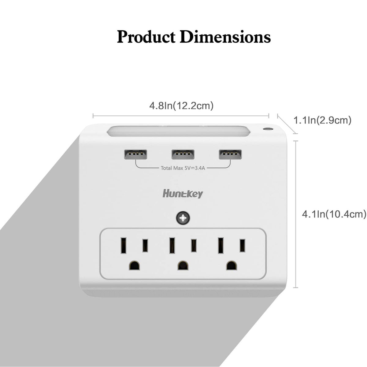 Huntkey SMD307 Wall Mount Outlet with 3 2.1 Amp USB Ports and Nightlight, Gray