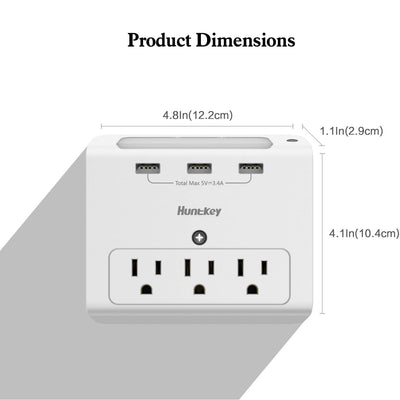 Huntkey SMD307 Wall Mount Outlet with 3 2.1 Amp USB Ports and Nightlight, Gray