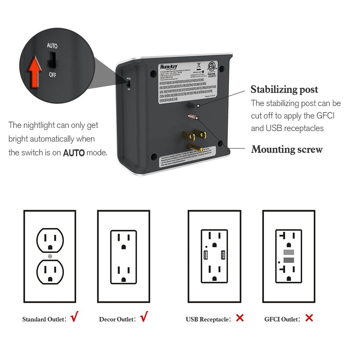 Huntkey SMD307 Wall Mount Outlet with 3 2.1 Amp USB Ports and Nightlight, Gray