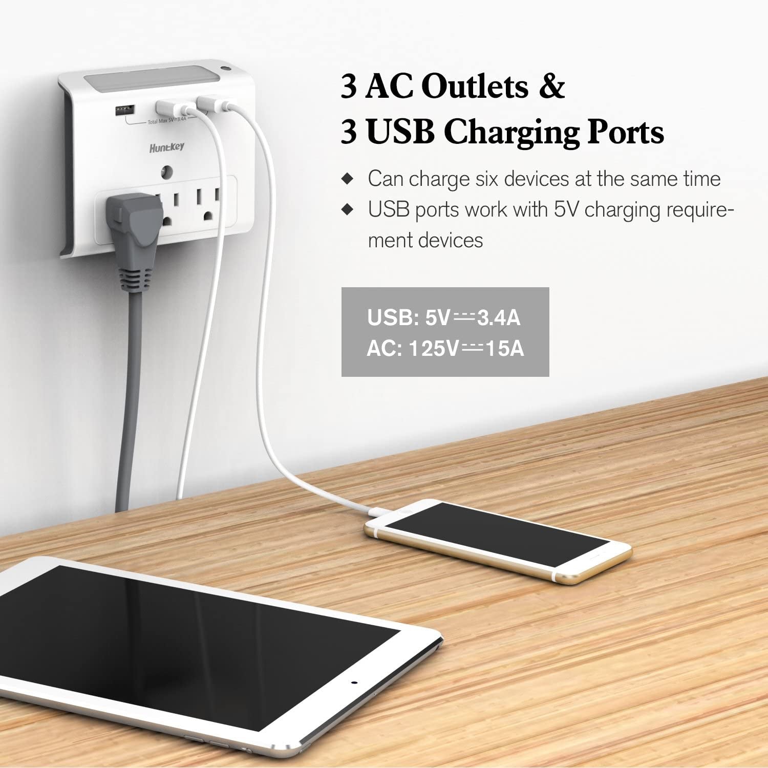 Huntkey SMD307 Wall Mount Outlet with 3 2.1 Amp USB Ports and Nightlight, Gray