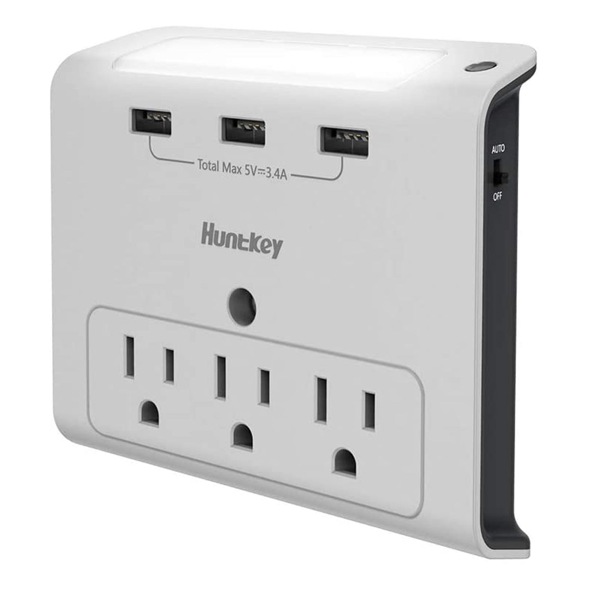 Huntkey SMD307 Wall Mount Outlet with 3 2.1 Amp USB Ports and Nightlight, Gray