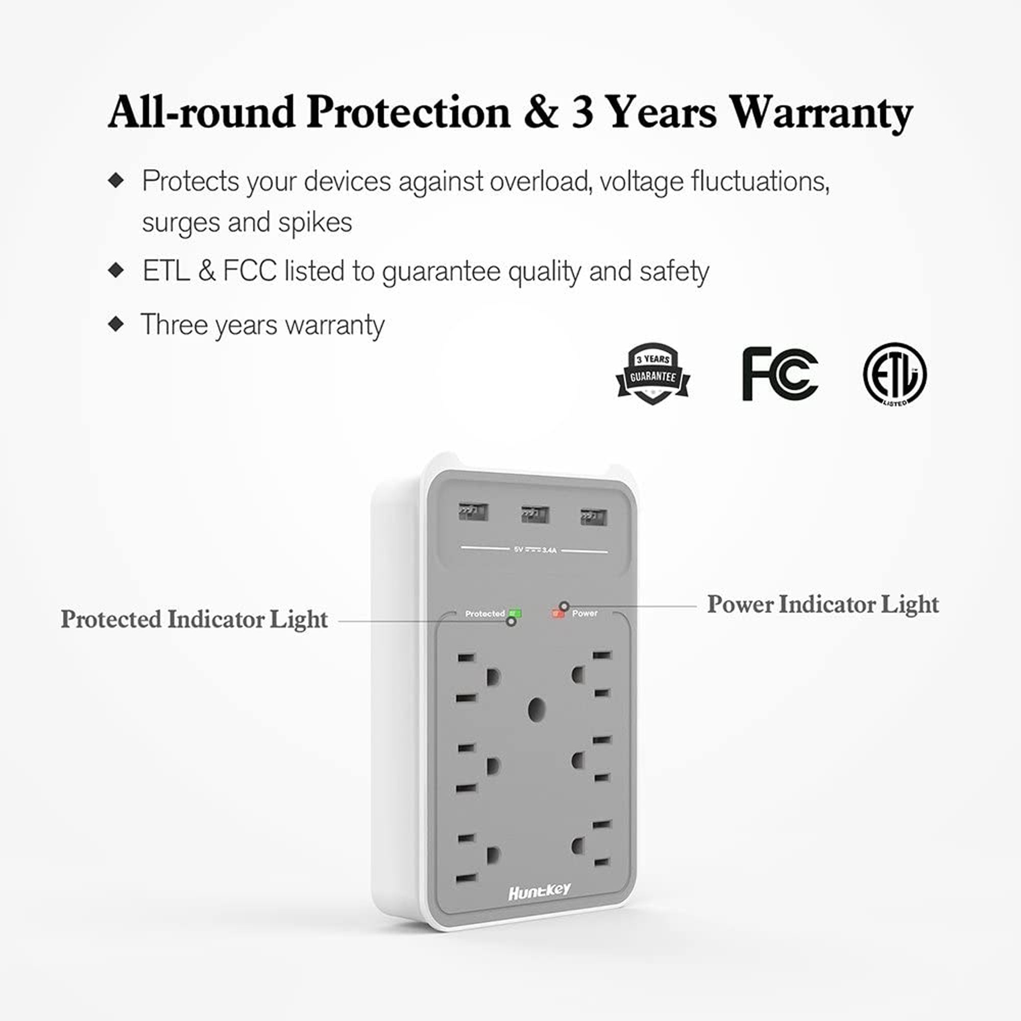 Huntkey Surge Protecting Wall Outlet 6 AC Plugs and 3 USB Ports (Open Box)