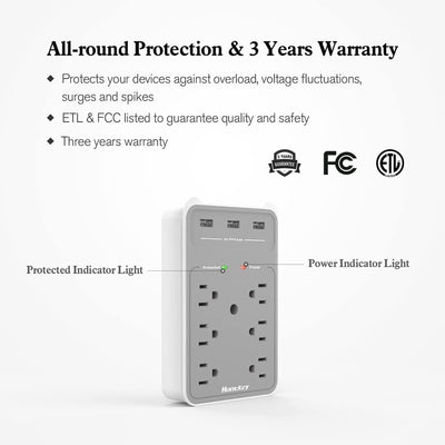 Huntkey Surge Protecting Wall Outlet 6 AC Plugs and 3 USB Ports (Open Box)