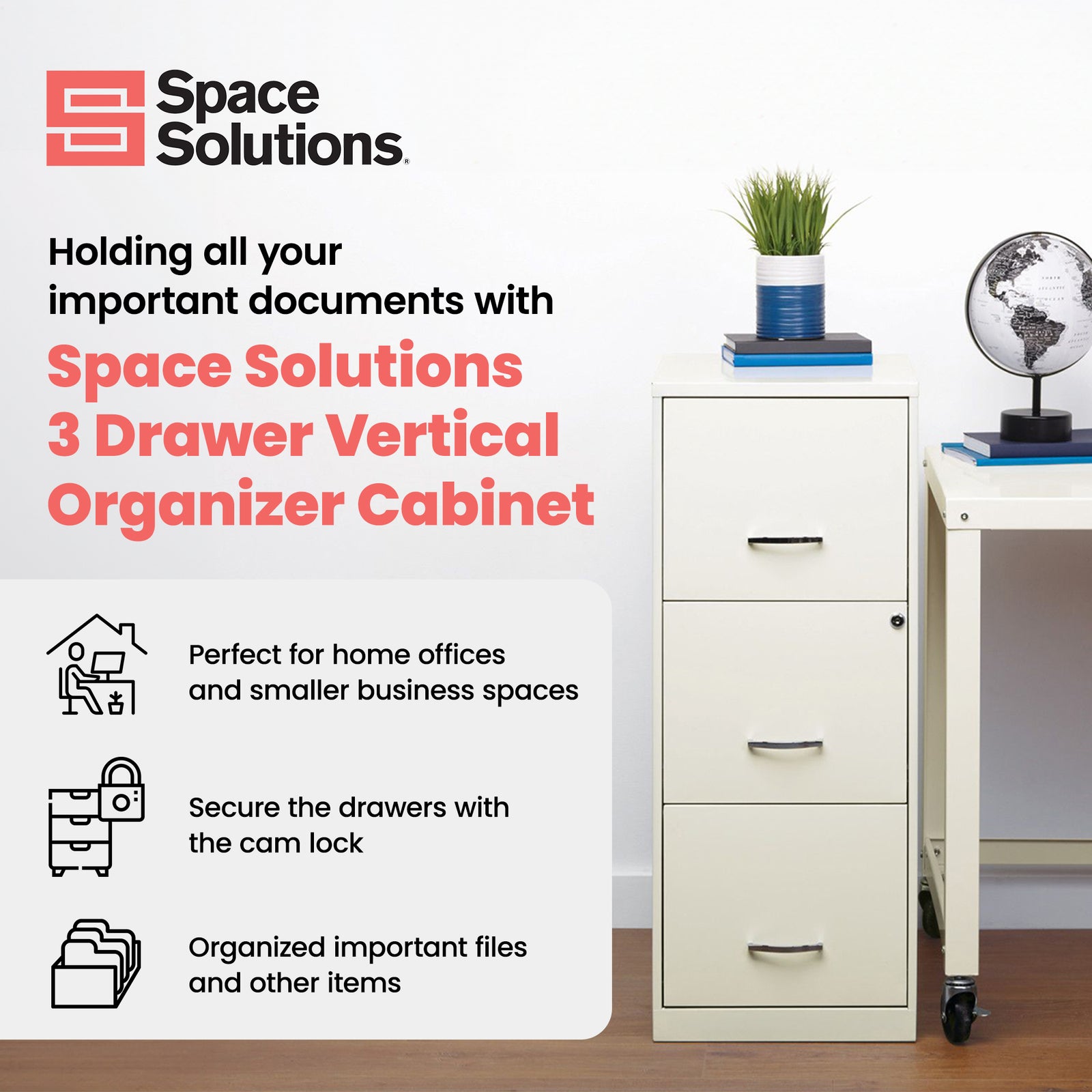 Space Solutions 18 Inch 3 Drawer Vertical Organizer Cabinet for Office, White - VMInnovations
