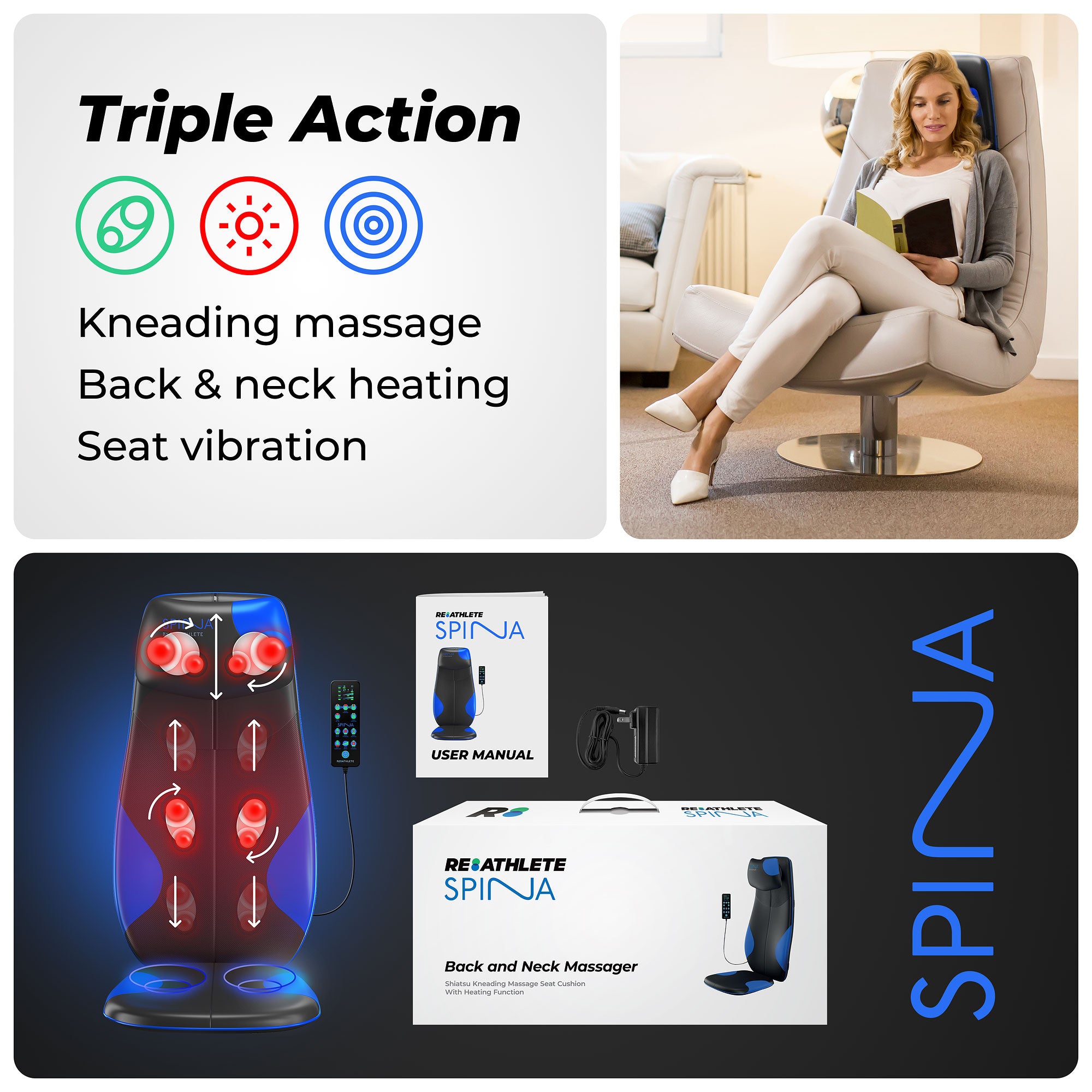 REATHLETE SPINA Shiatsu Cushion w/ Triple-Action Back & Neck Massager(For Parts) - VMInnovations