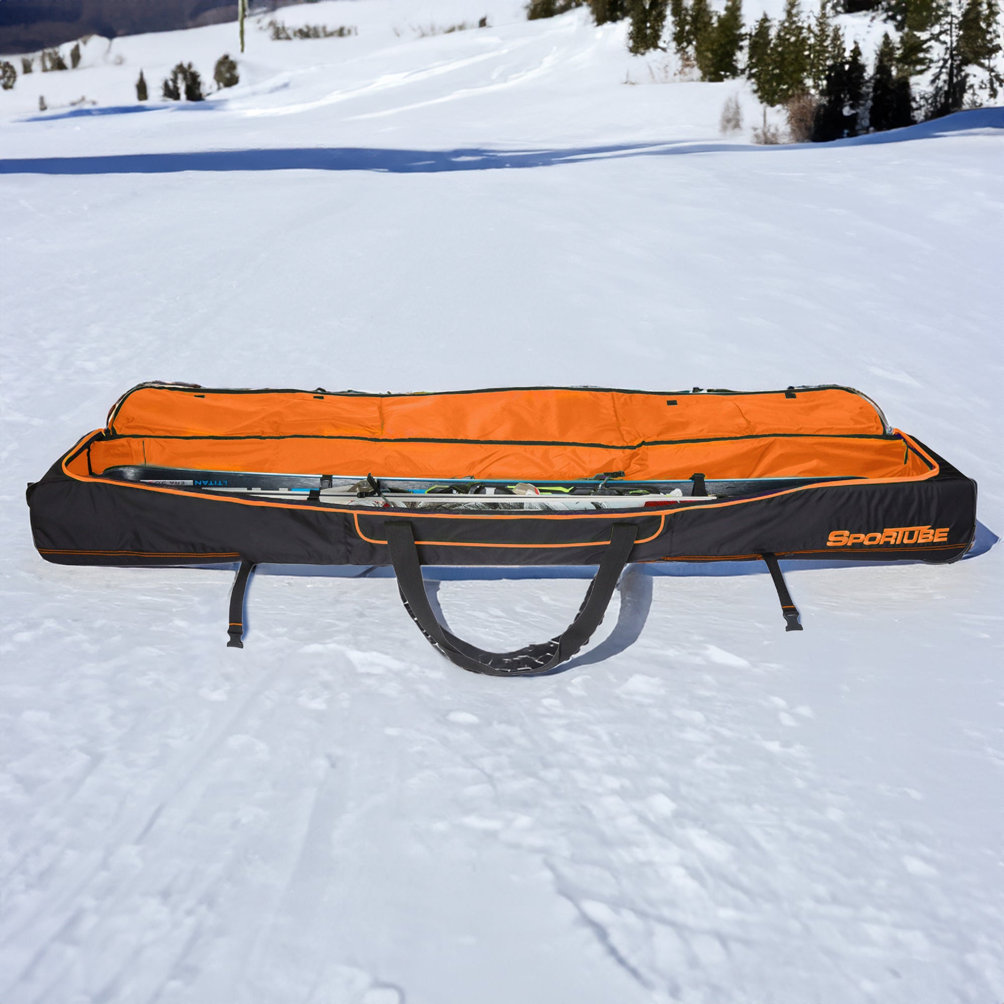 Sportube Wheeled Padded 3 Pair Ski Shield/2 Snowboard Luggage Bag, Black/Orange - VMInnovations