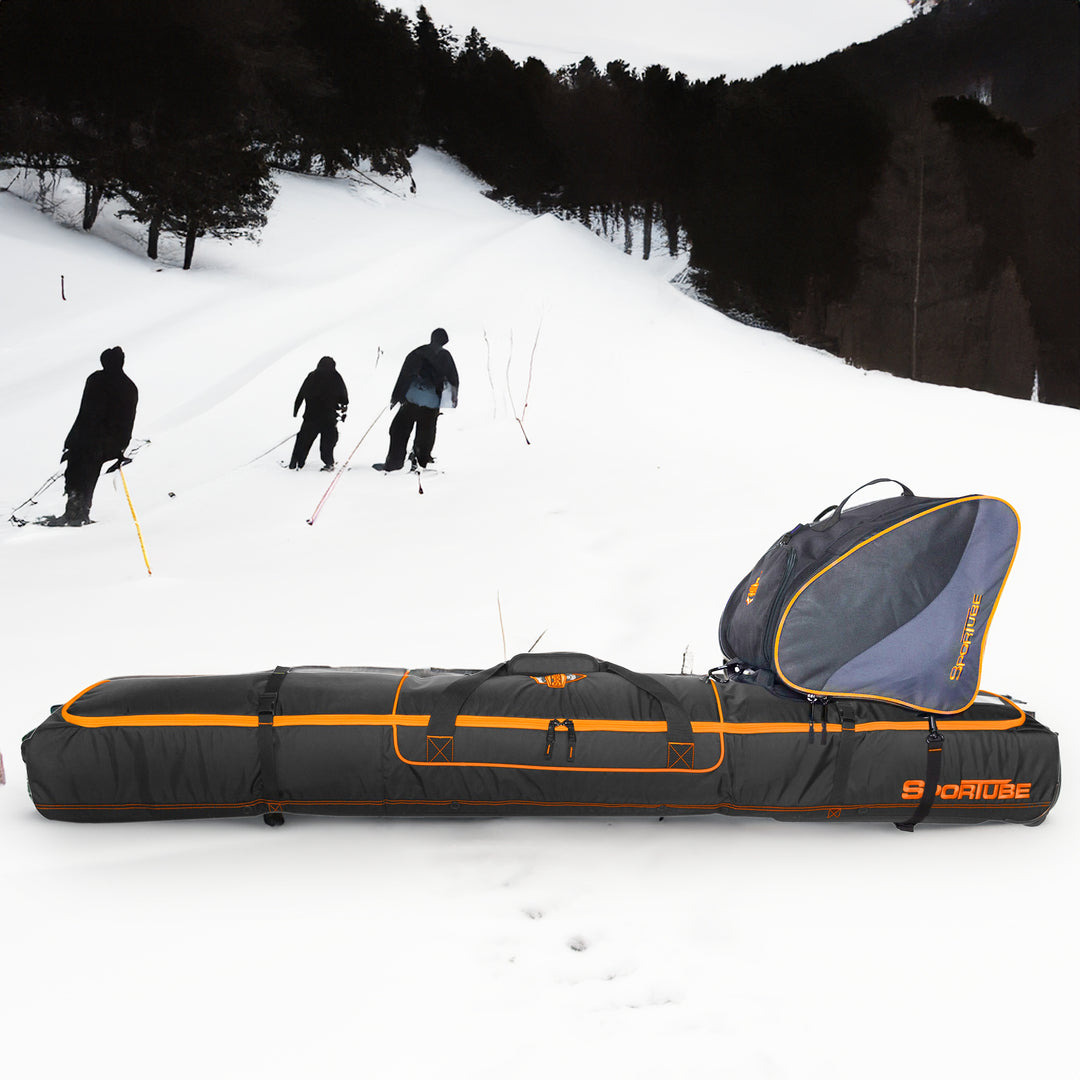 Sportube Wheeled Padded 3 Pair Ski Shield/2 Snowboard Luggage Bag, Black/Orange