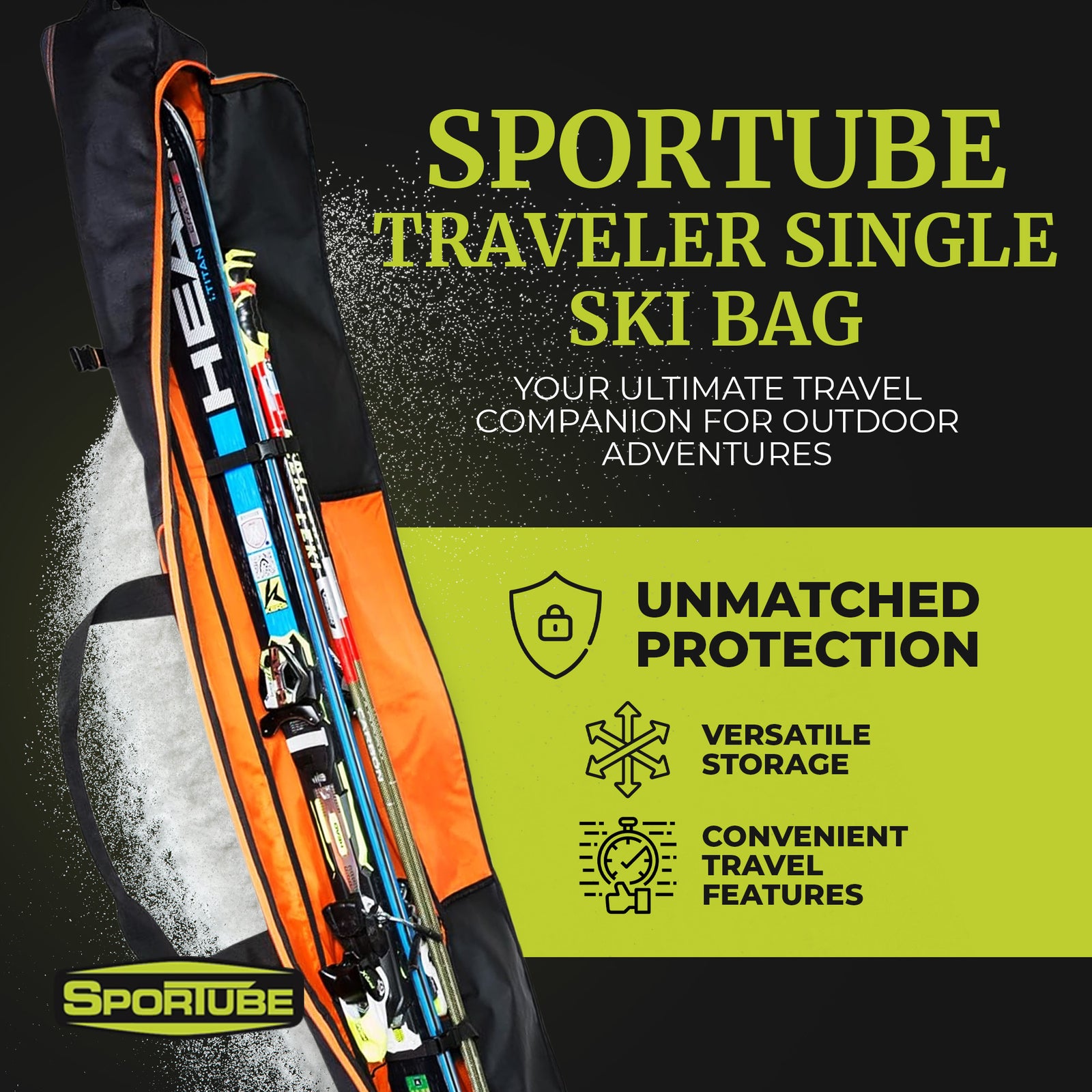 Sportube Traveler Padded 6 Foot Single Pair Ski & Pole Luggage Bag, Black/Orange - VMInnovations
