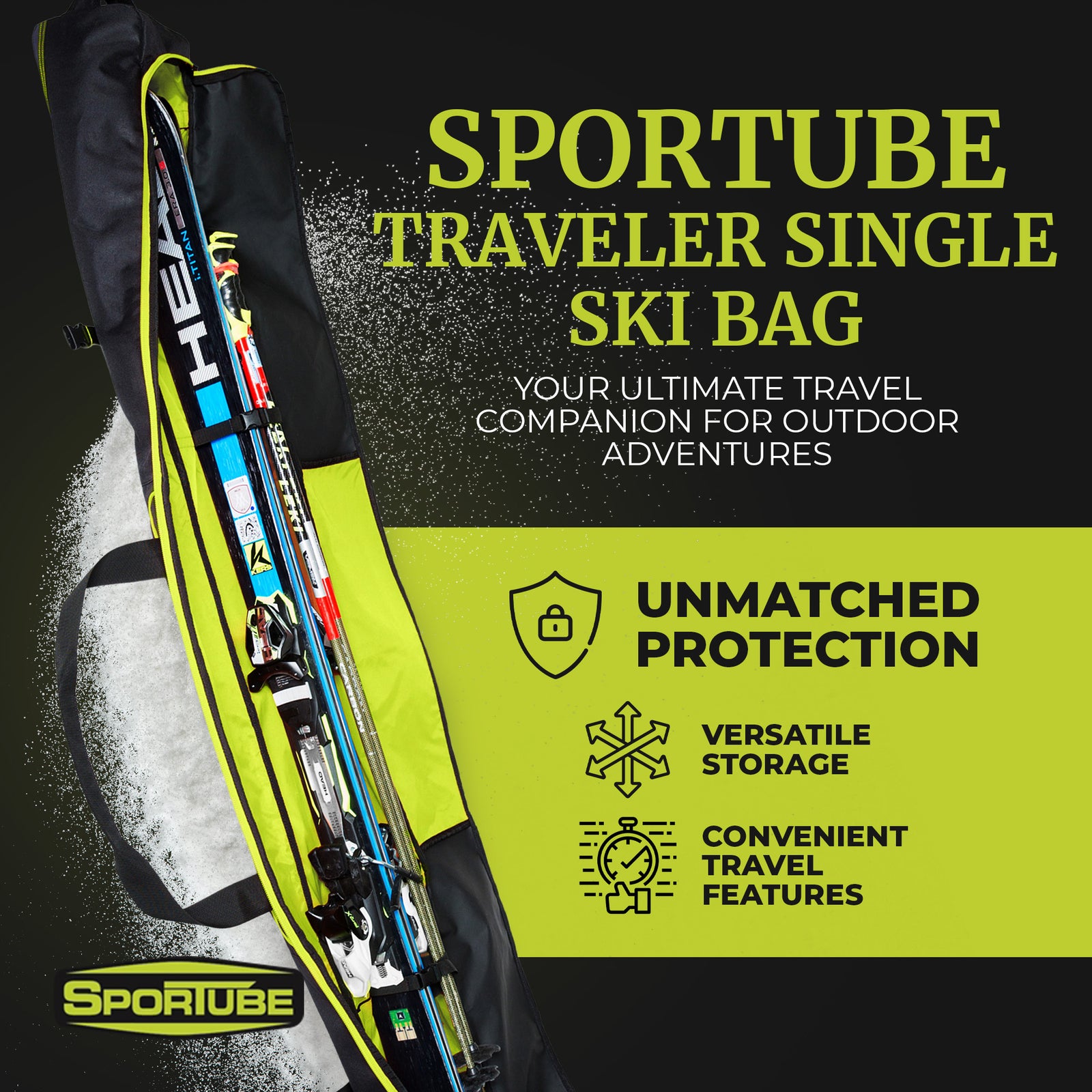 Sportube Traveler Padded 6 Foot Single Pair Ski & Pole Luggage Bag, Black/Green - VMInnovations