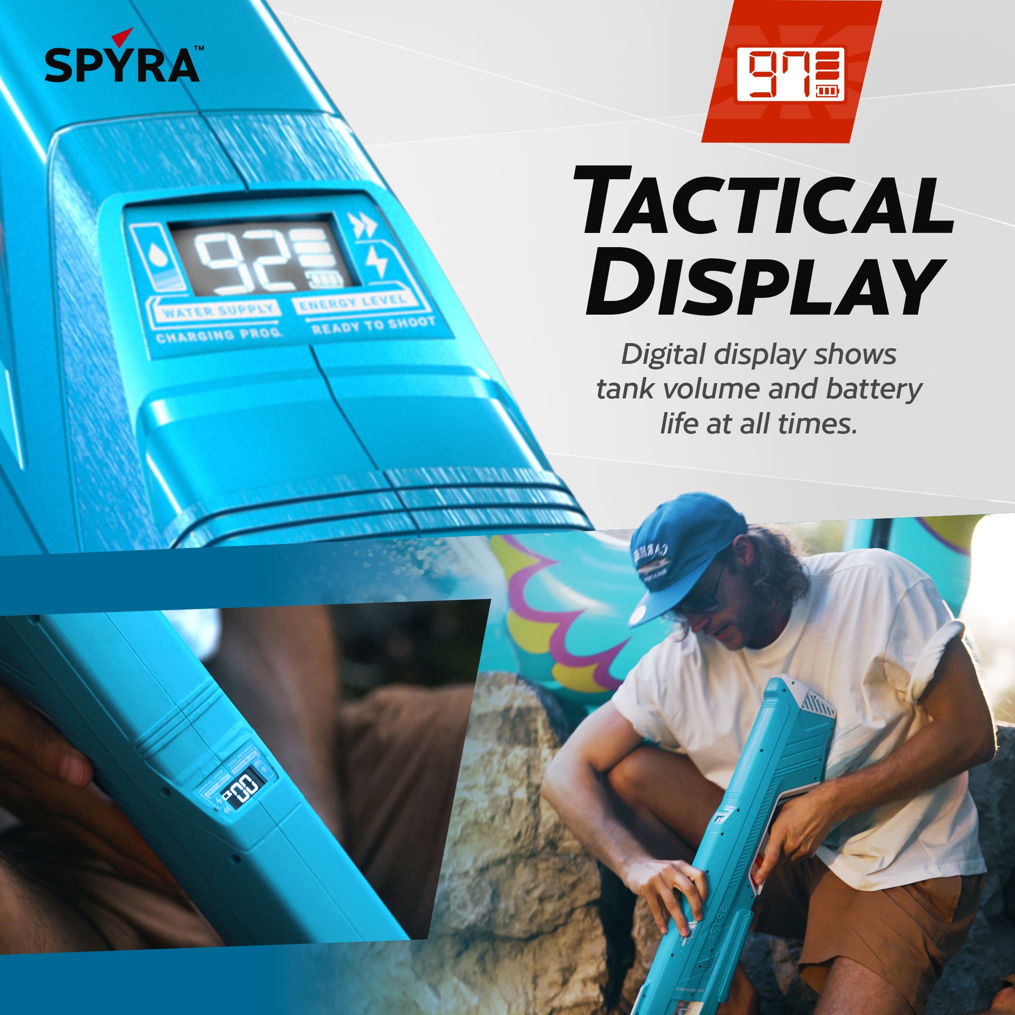 SPYRA Electric Water Blaster Outdoor Squirt Gun & Foldable Water Container, Blue