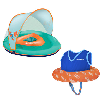 SwimSchool Deluxe Float Trainer, Blue and Baby Float w/ Adjustable Seat, Orange