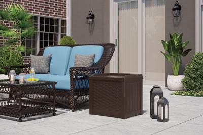 Suncast Small Resin Wicker 22 Gallon Outdoor Patio Storage Box, Java (Open Box) - VMInnovations