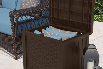 Suncast Small Resin Wicker 22 Gallon Outdoor Patio Storage Box, Java (Open Box) - VMInnovations