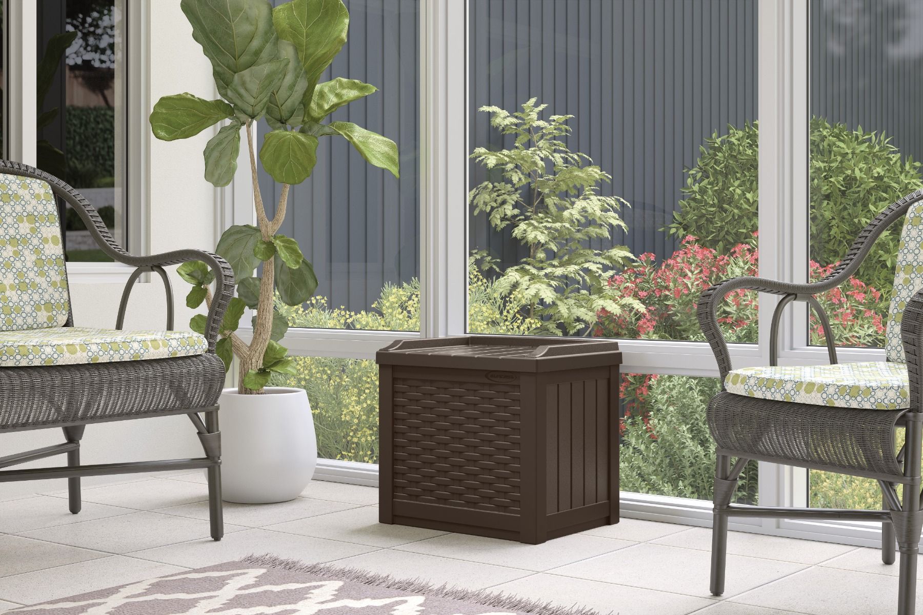 Suncast Small Resin Wicker 22 Gallon Outdoor Patio Storage Box, Java (Open Box)