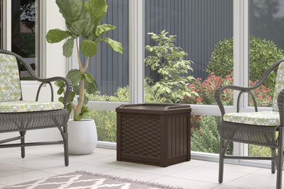 Suncast Small Resin Wicker 22 Gallon Outdoor Patio Storage Box, Java (Open Box) - VMInnovations