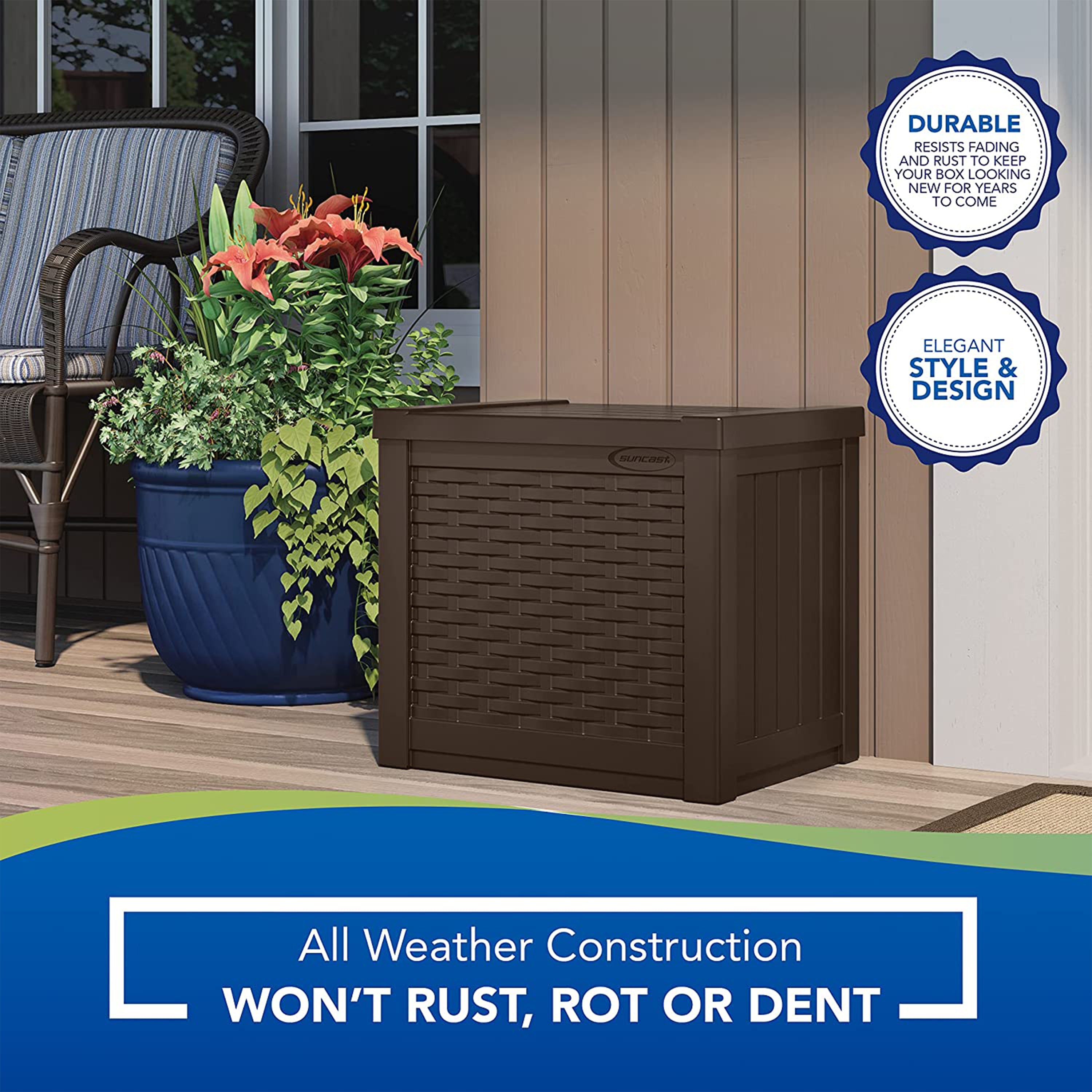 Suncast Small Resin Wicker 22 Gallon Outdoor Patio Storage Box, Java (Open Box)