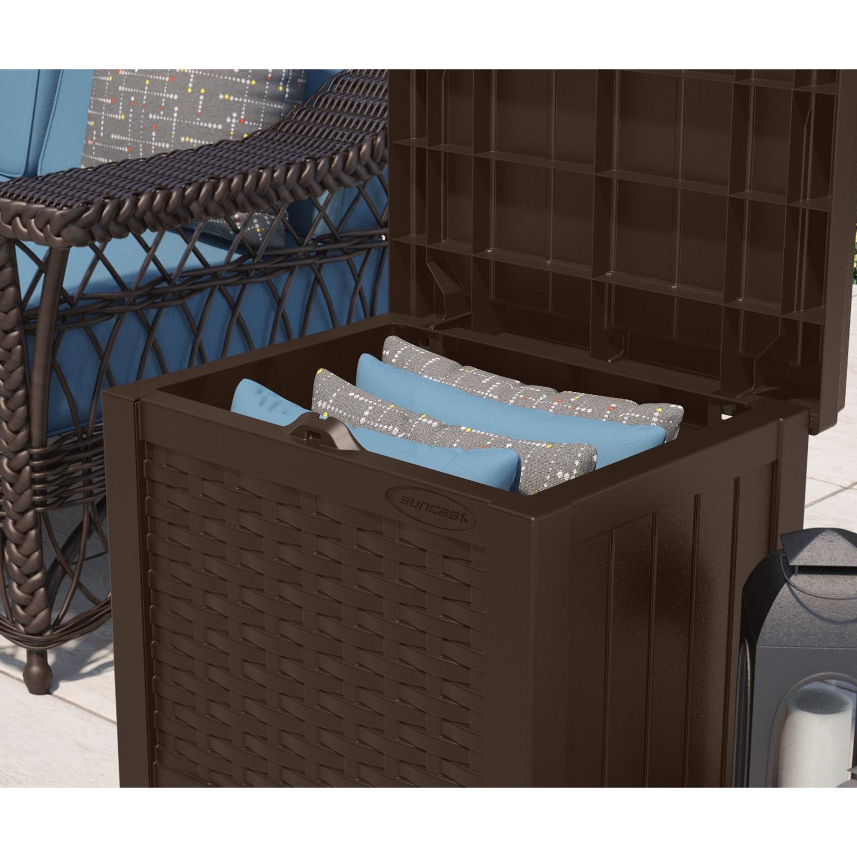 Suncast Small Resin Wicker 22 Gallon Outdoor Patio Storage Box, Java (Used)