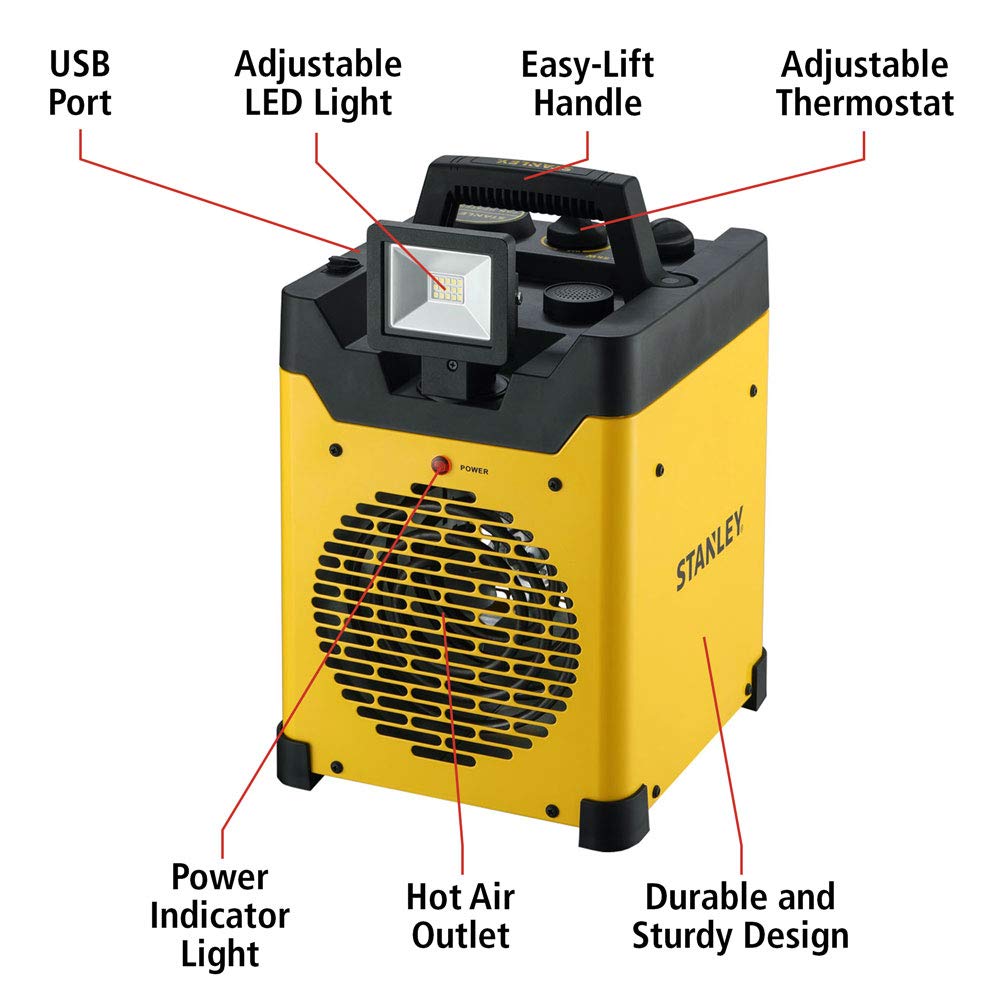 Stanley 1500W Heavy Duty Heater with LED Light and USB, Yellow (Open Box)