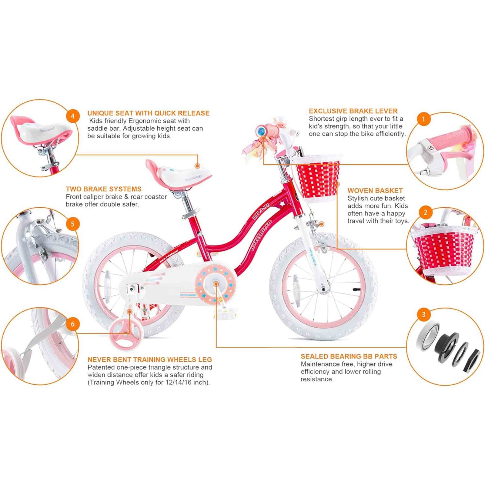RoyalBaby Stargirl Children's Outdoor Bicycle 16 Inch with Training Wheels, Pink - VMInnovations