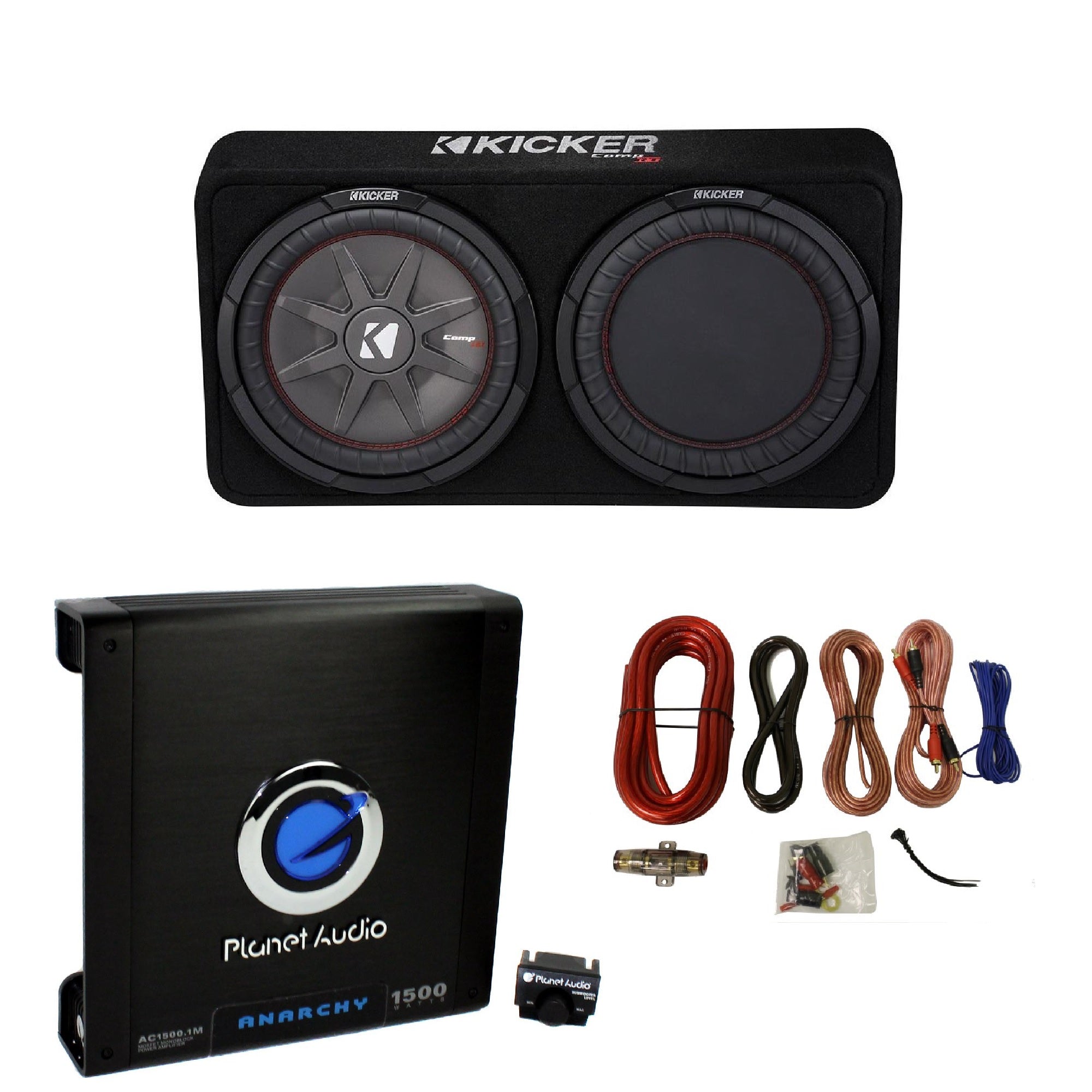 Kicker Dual 12" Slim Subwoofer Enclosure, Planet Audio 1500 Amp & QPOWER WireKit