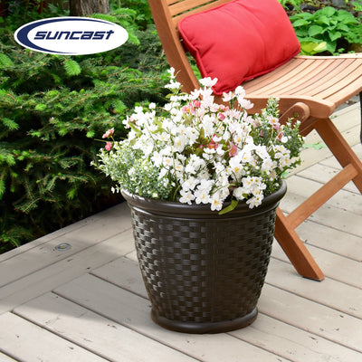 Suncast Sonora 18 Inch Resin Wicker Decorative Yard Garden Flower Planter, Brown - VMInnovations