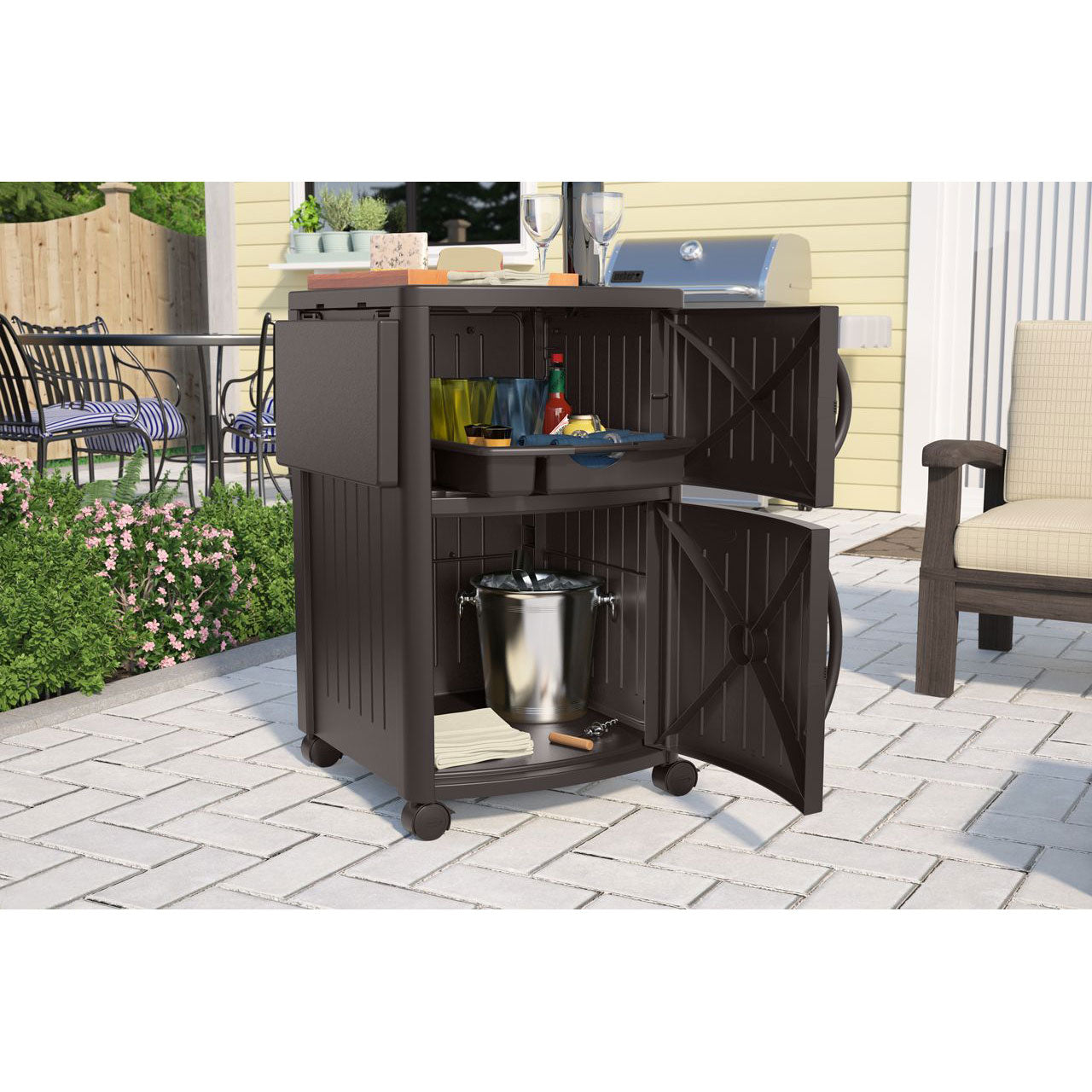 Suncast 40” Outdoor Meal Station & Cabinet and Hideaway Outdoor 33 Gal Trash Bin