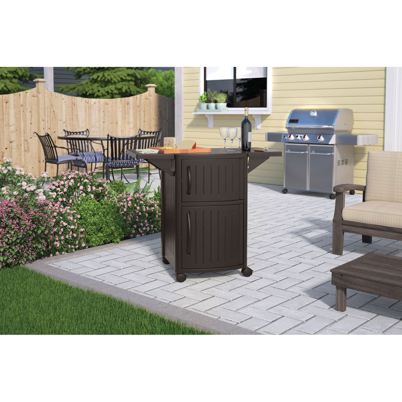Suncast 40” Outdoor Meal Station & Cabinet and Hideaway Outdoor 33 Gal Trash Bin