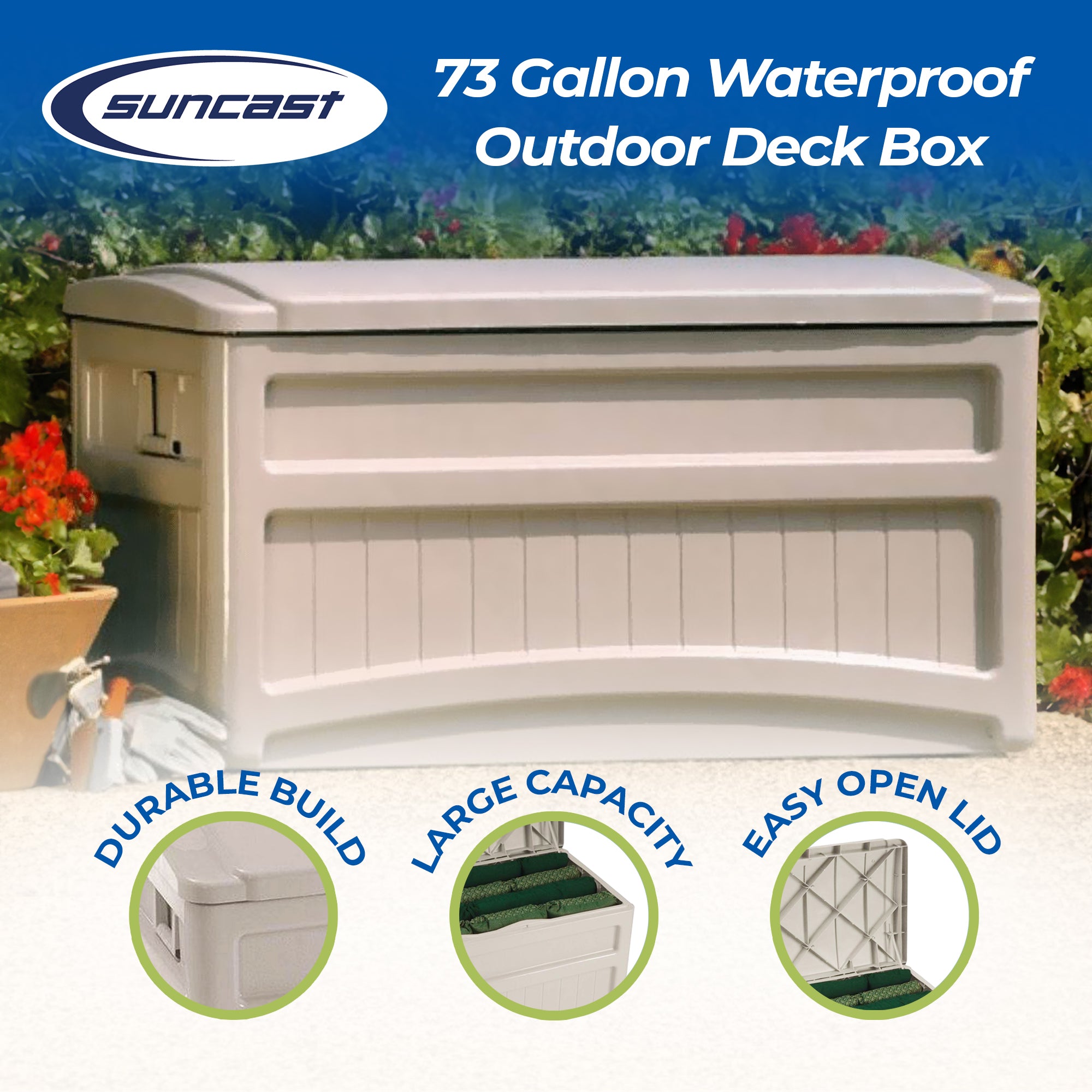Suncast 73 Gallon Outdoor Patio Deck Resin Storage Organization Chest Box, Taupe - VMInnovations