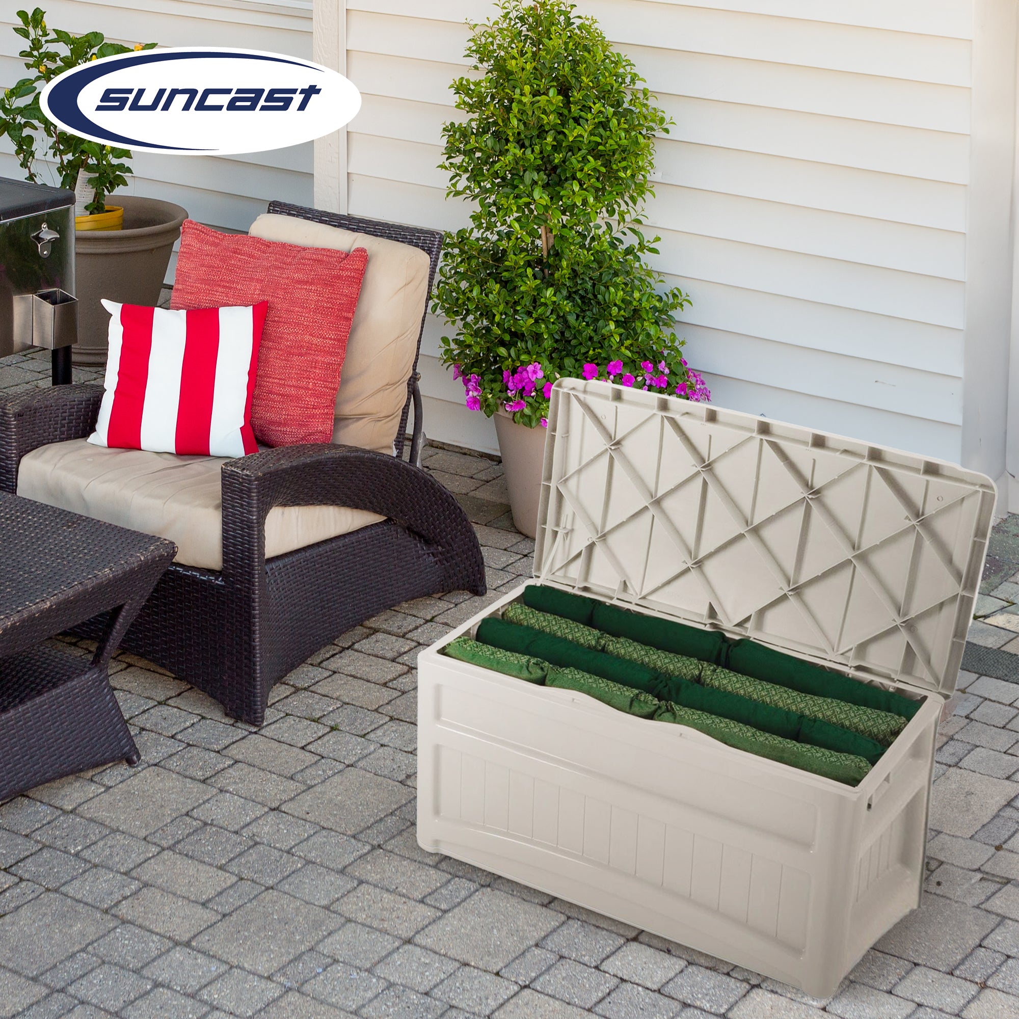 Suncast 73 Gallon Outdoor Patio Deck Resin Storage Organization Chest Box, Taupe - VMInnovations