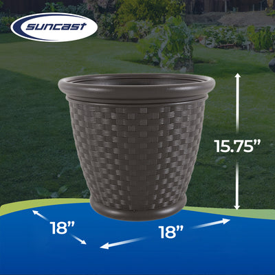 Suncast Sonora 18 Inch Resin Wicker Yard Garden Flower Planter, Brown (Open Box)