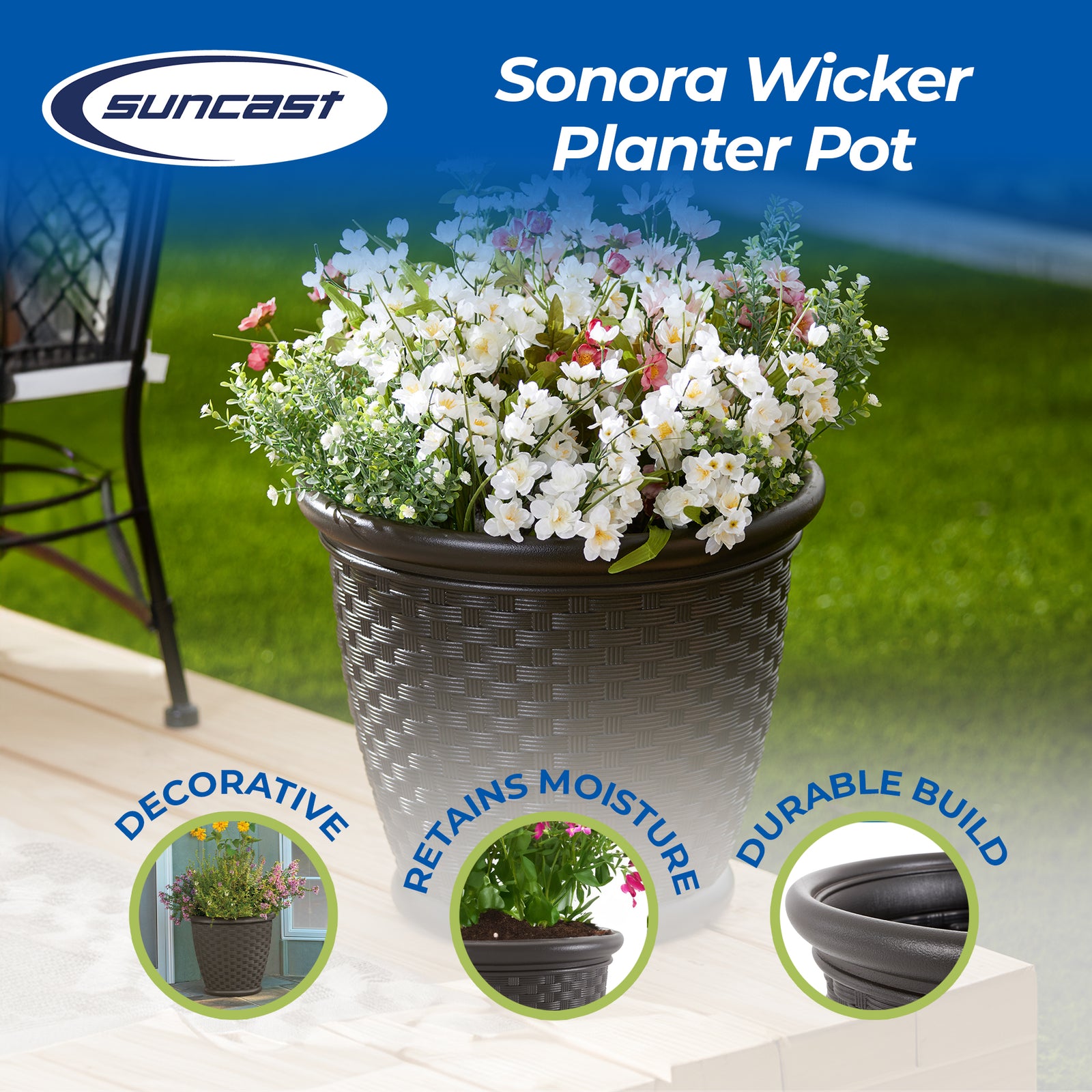 Suncast Sonora 18 Inch Resin Wicker Decorative Yard Garden Flower Planter, Brown - VMInnovations