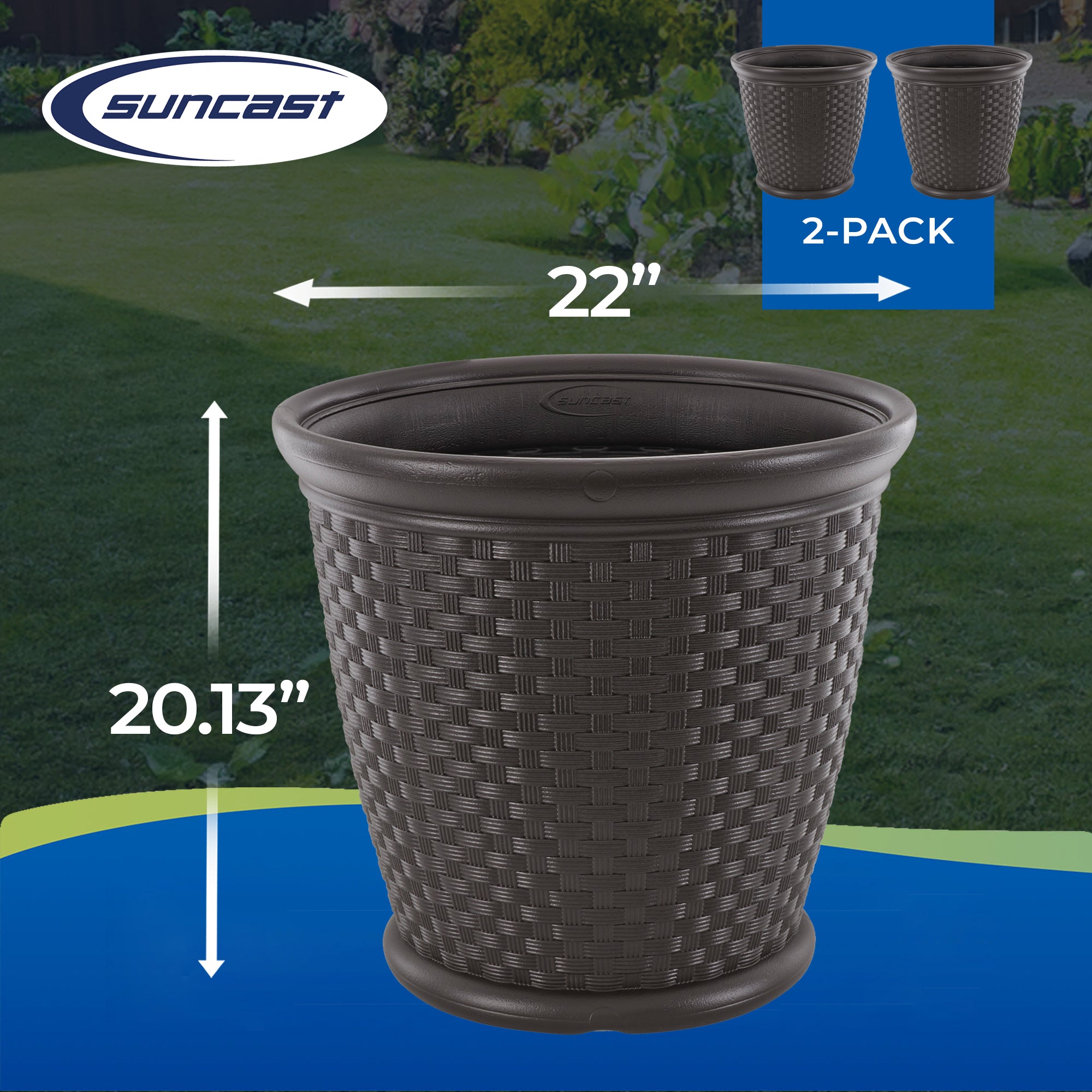 Suncast Sonora 22 Inch Resin Wicker Decorative Garden Planter, Java (2 Pack) - VMInnovations