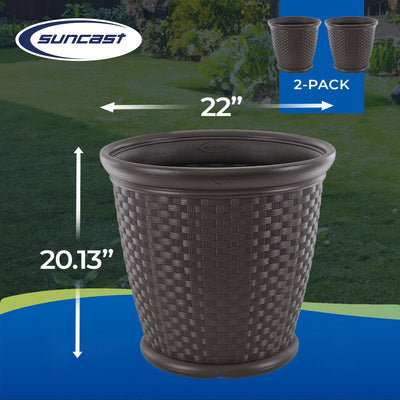 Suncast Sonora 22 Inch Resin Wicker Decorative Garden Planter, Java (2 Pack) - VMInnovations