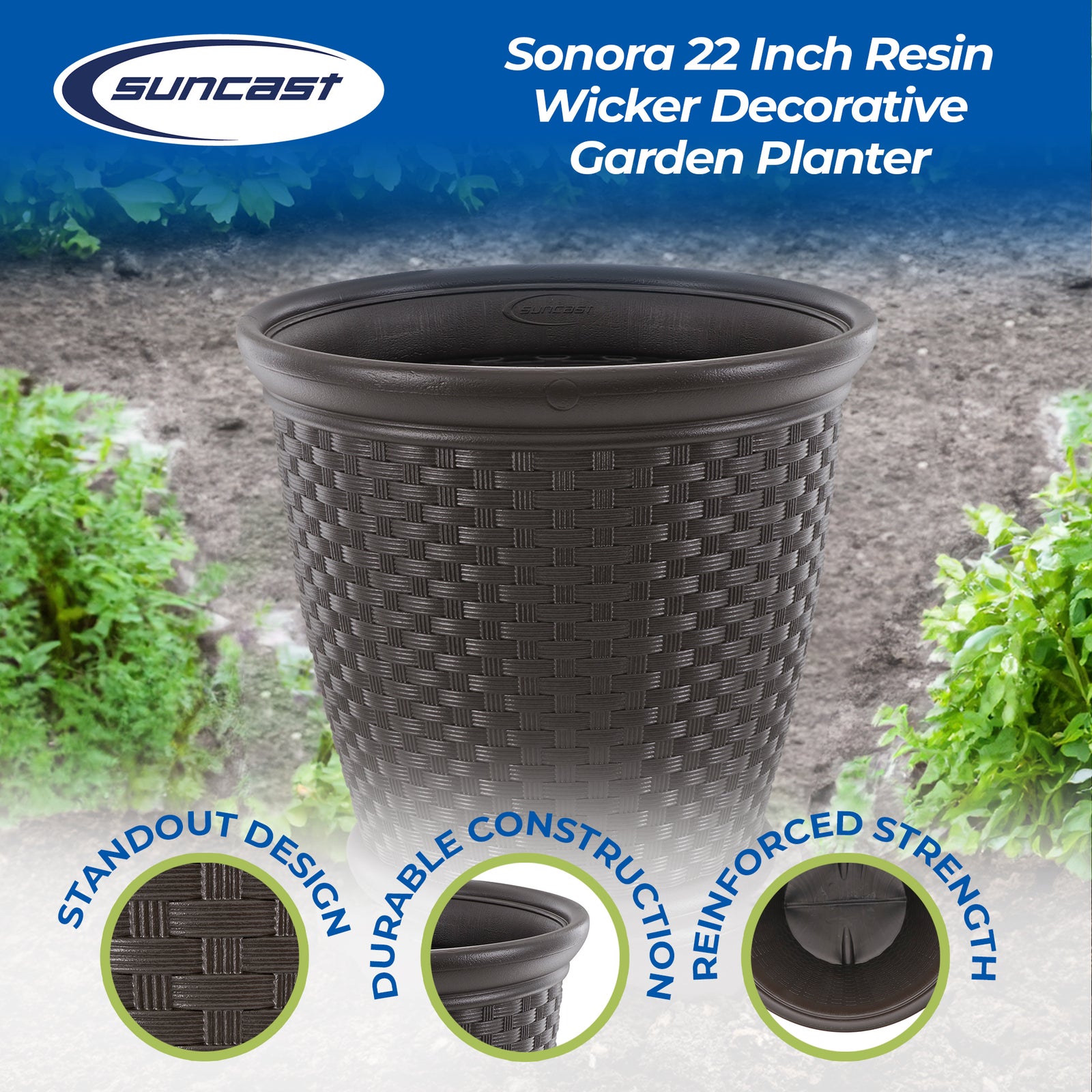 Suncast Sonora 22 Inch Resin Wicker Decorative Garden Planter, Java (2 Pack) - VMInnovations