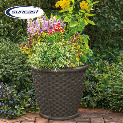Suncast Sonora 22 Inch Resin Wicker Decorative Garden Planter, Java (2 Pack) - VMInnovations