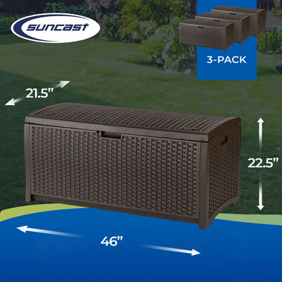 Suncast 73 Gallon Waterproof Resin Wicker Outdoor Patio Storage Deck Box, 3 Pack
