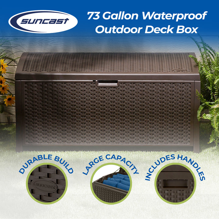 Suncast 73 Gallon Waterproof Resin Wicker Outdoor Patio Storage Deck Box, 3 Pack